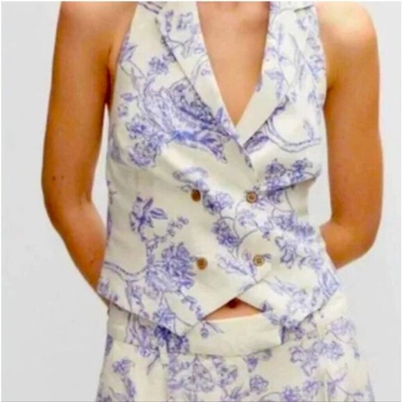 Jason Wu‎ Linen Halter Top women's 8 blue white floral coastal grandma old money - Picture 1 of 7